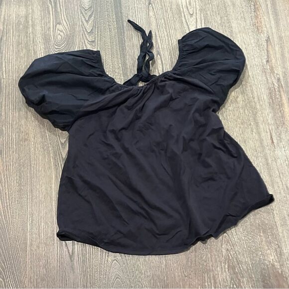 a new day Tops - A New Day Blouse Short Balloon Sleeves Cut Out Tie Back Casual Black Large